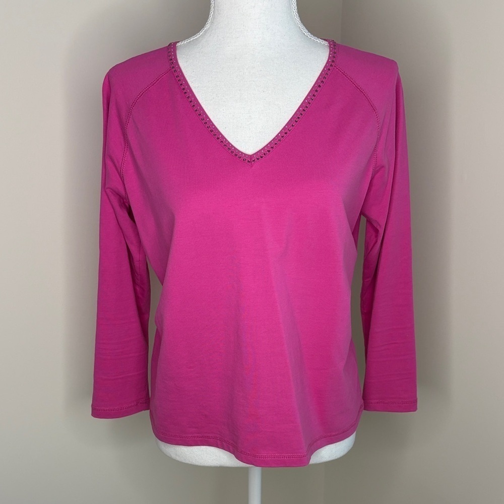 Rafaella Pink V-Neck Crystal Embellished Pullover Top. Medium